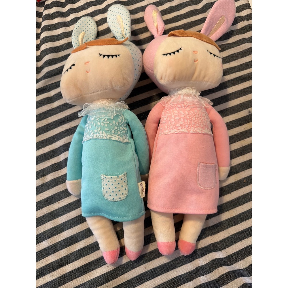 Metoo Angela Bunny Plush Dolls Set of 2 Pink Blue Sleepy Eye Lace Dress Kawaii